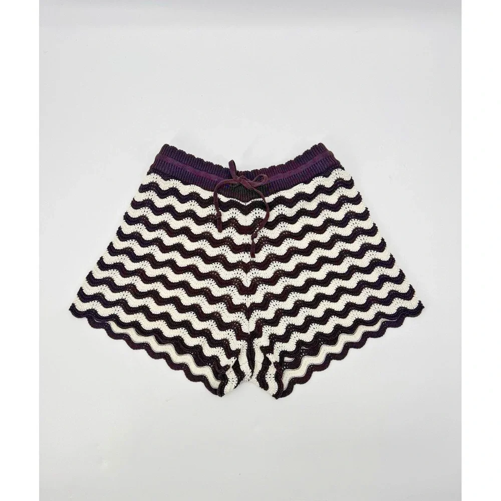 ME+EM Stripe Scallop Knit Shorts Cotton Crochet Small Drawstring Beach Boho Fest - Picture 1 of 12